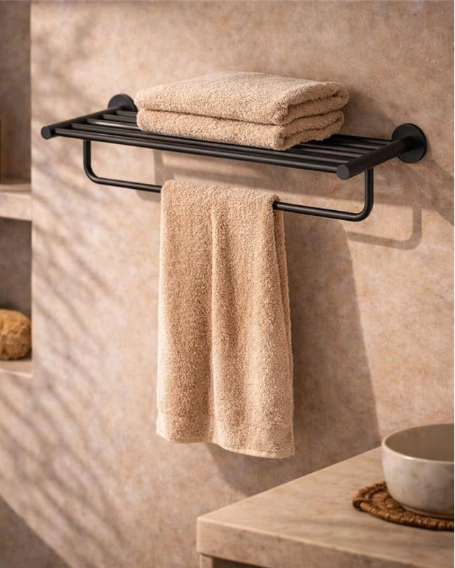 Rack portasciugamani 60 cm nero opaco Minimal montato a parete, vista del design e della finitura - Exagonshop