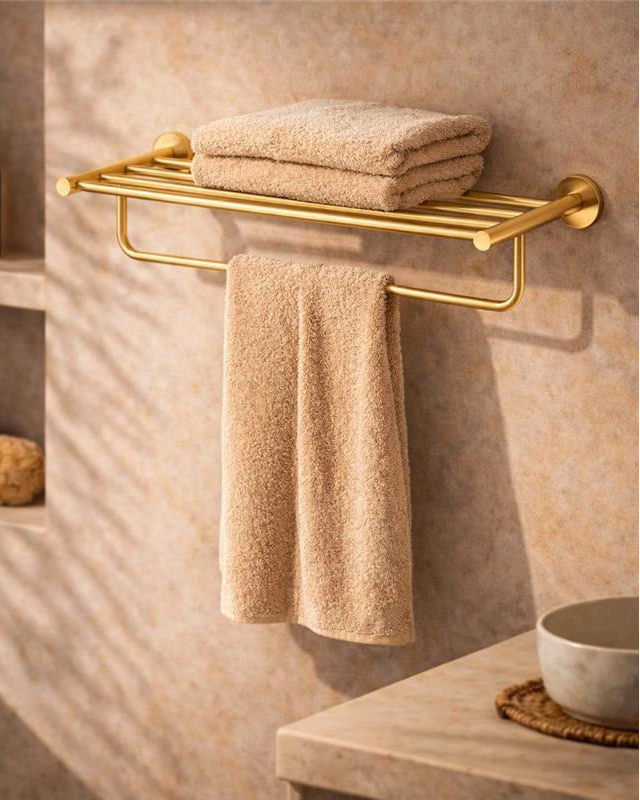 Rack portasciugamani 60 cm oro spazzolato Minimal in naturale montato a parete, vista del design e della finitura...