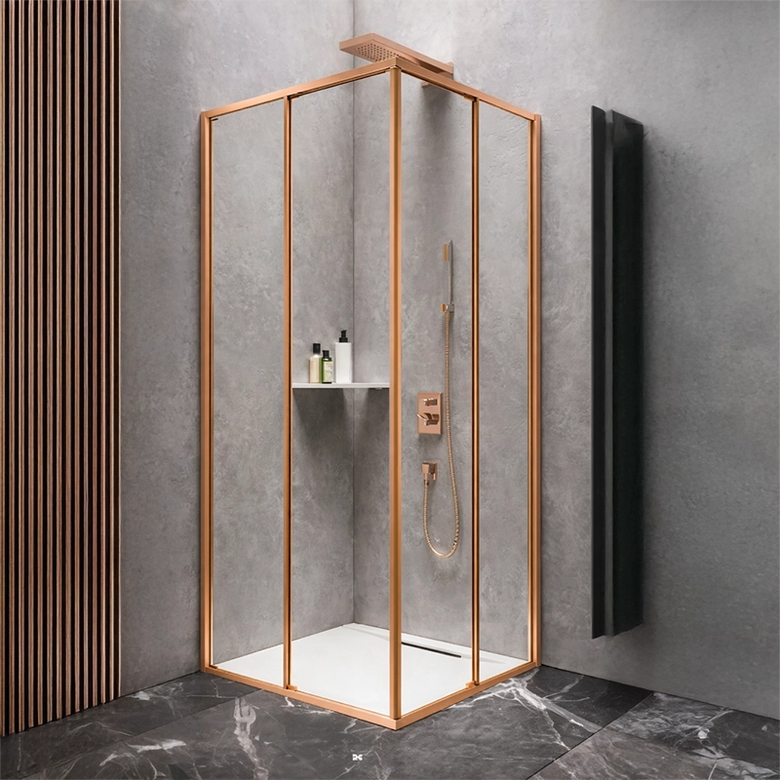 Relax Calamo 80x80 box doccia scorrevole 6 mm H 200 oro rosa installato in bagno moderno con ante in vetro temperato