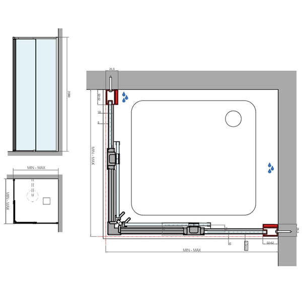 Relax Calamo 80x80 box doccia scorrevole 6 mm H 200 oro rosa, dettaglio dei profili e delle cerniere in alluminio