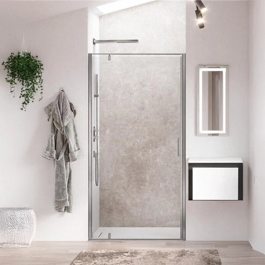 Relax Kubik B1 box 100 cm pivot a nicchia 8 mm H 200 acciaio installato in bagno moderno con ante in vetro temperato