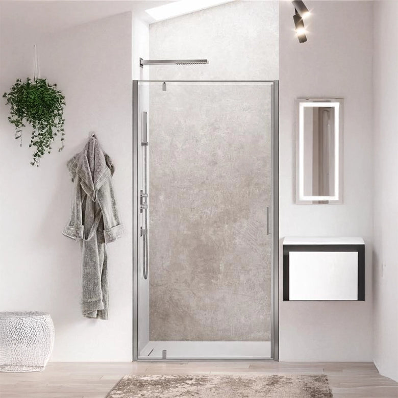 Relax Kubik B1 box 100 cm pivot a nicchia 8 mm H 200 acciaio installato in bagno moderno con ante in vetro temperato