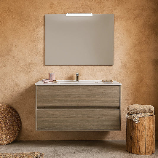 Mobile Bagno 100x45 Rovere Scuro lavabo in porcellana e specchio Rigo