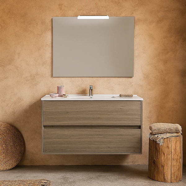 Mobile Bagno 100x45 Rovere Scuro lavabo in porcellana e specchio Rigo