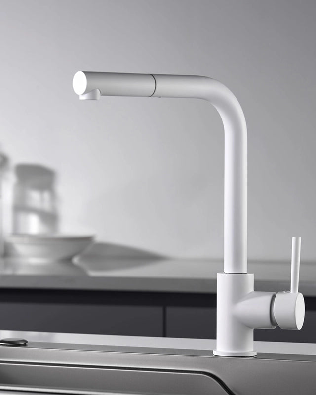 Disegno tecnico con quote di Rubinetto cucina estraibile Linda bianco opaco - Exagonshop