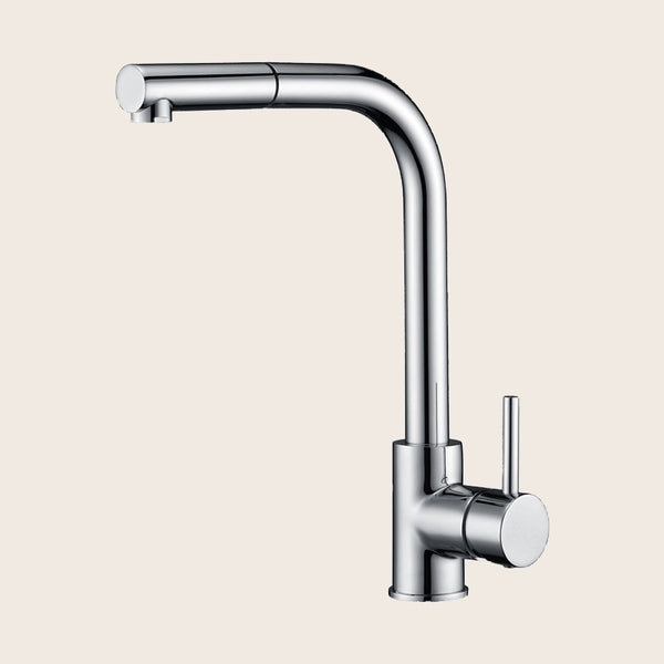 Rubinetto lavello cucina estraibile Linda cromo in lucido installato su lavello, vista della bocca e della leva - Exagonshop