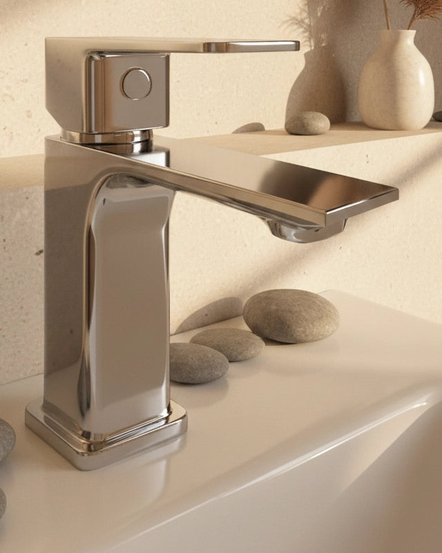 Rubinetto bidet monocomando con flessibili cromo Ten Cromo Lucido, vista frontale della maniglia e della bocca di...