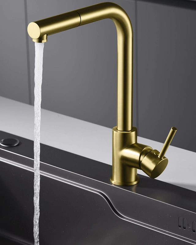 Rubinetto cucina estraibile Linda oro spazzolato, vista laterale della canna girevole - Exagonshop