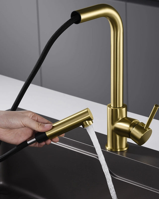 Rubinetto cucina estraibile Linda oro spazzolato, dettaglio della doccetta estraibile - Exagonshop