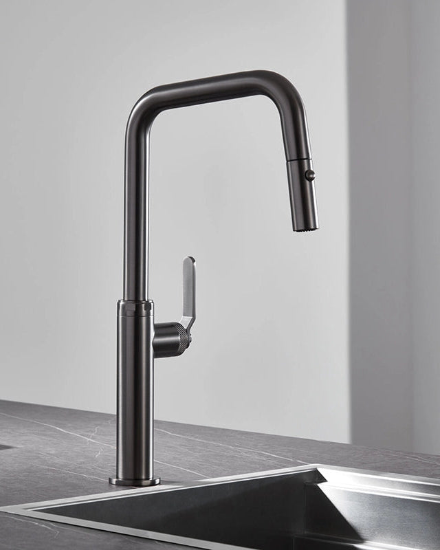 Rubinetto da cucina estraibile Selena grigio metallico, dettaglio della doccetta estraibile - Exagonshop