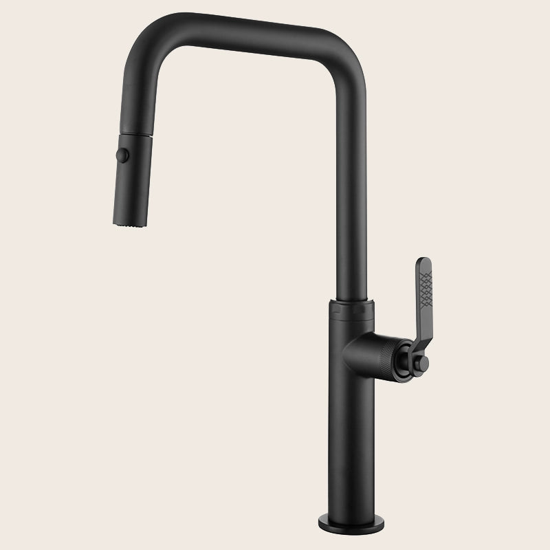 Rubinetto da cucina estraibile Selena nero opaco in ottone installato su lavello, vista della bocca e della leva - Exagonshop