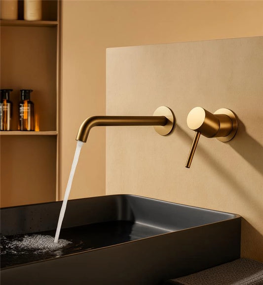 Rubinetto lavabo da incasso a muro monocomando in oro spazzolato Memo