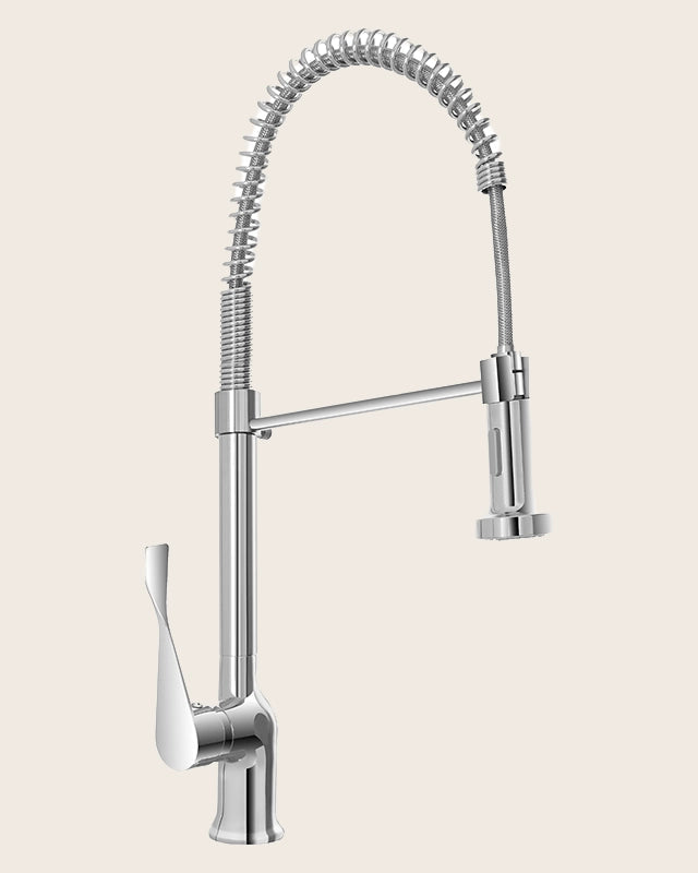 Rubinetto lavello Cucina 2 jet orientabile Cromo in ottone e cromato installato su lavello, vista della bocca e della...