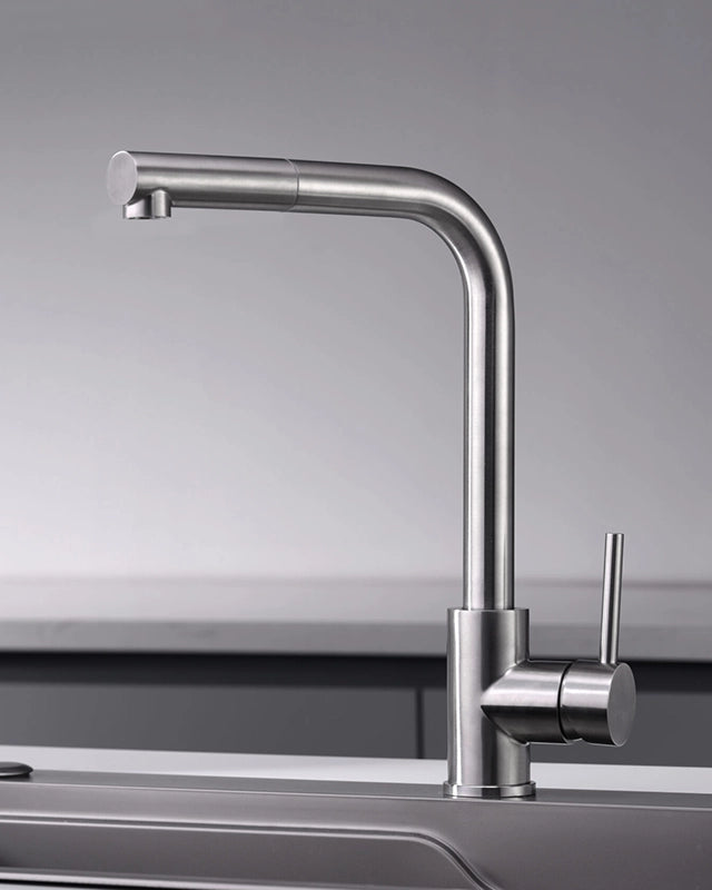 Rubinetto lavello cucina estraibile Linda acciaio, dettaglio della doccetta estraibile - Exagonshop