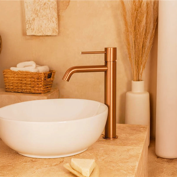 Rubinetto miscelatore alto per lavabo senza scarico in ottone oro rosa spazzolato Memo