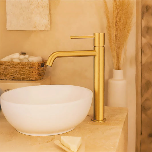 Rubinetto miscelatore alto per lavabo senza scarico in ottone oro spazzolato Memo