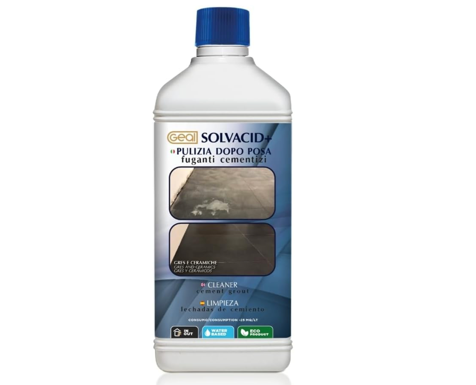 Geal Solvacid+ 1L — Detergente Acido Professionale per in gres porcellanato montato a parete, vista del design e della...