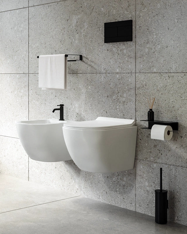Sanitari sospesi salva spazio rimless ceramica bianco opaco, vista laterale del profilo e della forma - Exagonshop