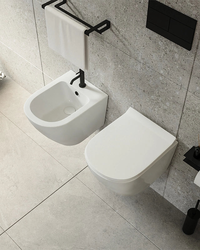 Sanitari sospesi salva spazio rimless ceramica bianco opaco visto dall'alto con scarico e interno visibili - Exagonshop