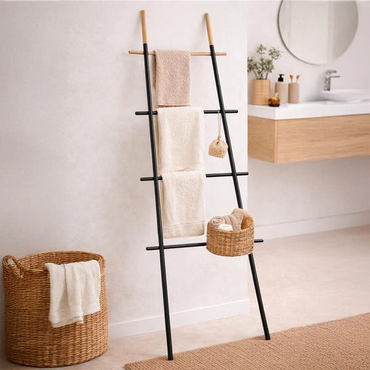 Scala portasciugamani 70x170 in acciaio nero montato a parete, vista del design e della finitura - Exagonshop
