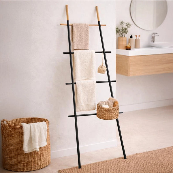 Scala portasciugamani 70x170 in acciaio nero montato a parete, vista del design e della finitura - Exagonshop