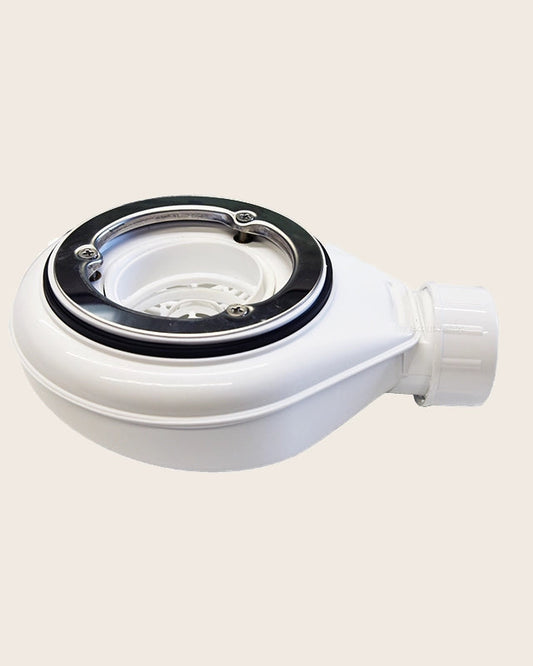 Piletta doccia 90 mm con sifone e filtro raccogli capelli visto dall'alto con superficie e piletta di scarico - Exagonshop