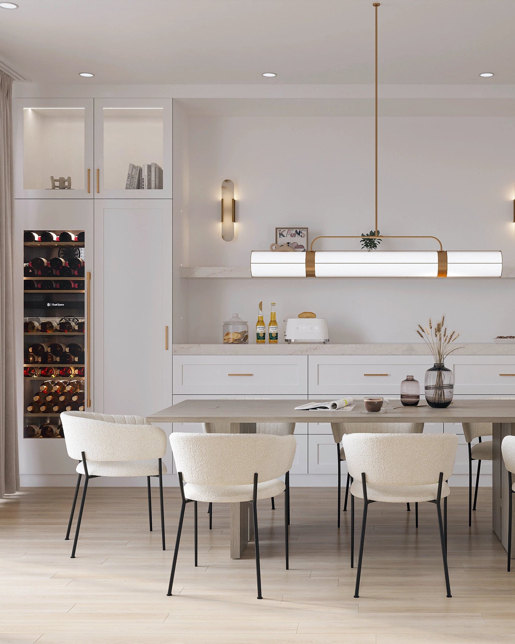 Sedia con braccioli in tessuto boucle imbottito bianco ambientato in spazio living con arredi coordinati - Exagonshop