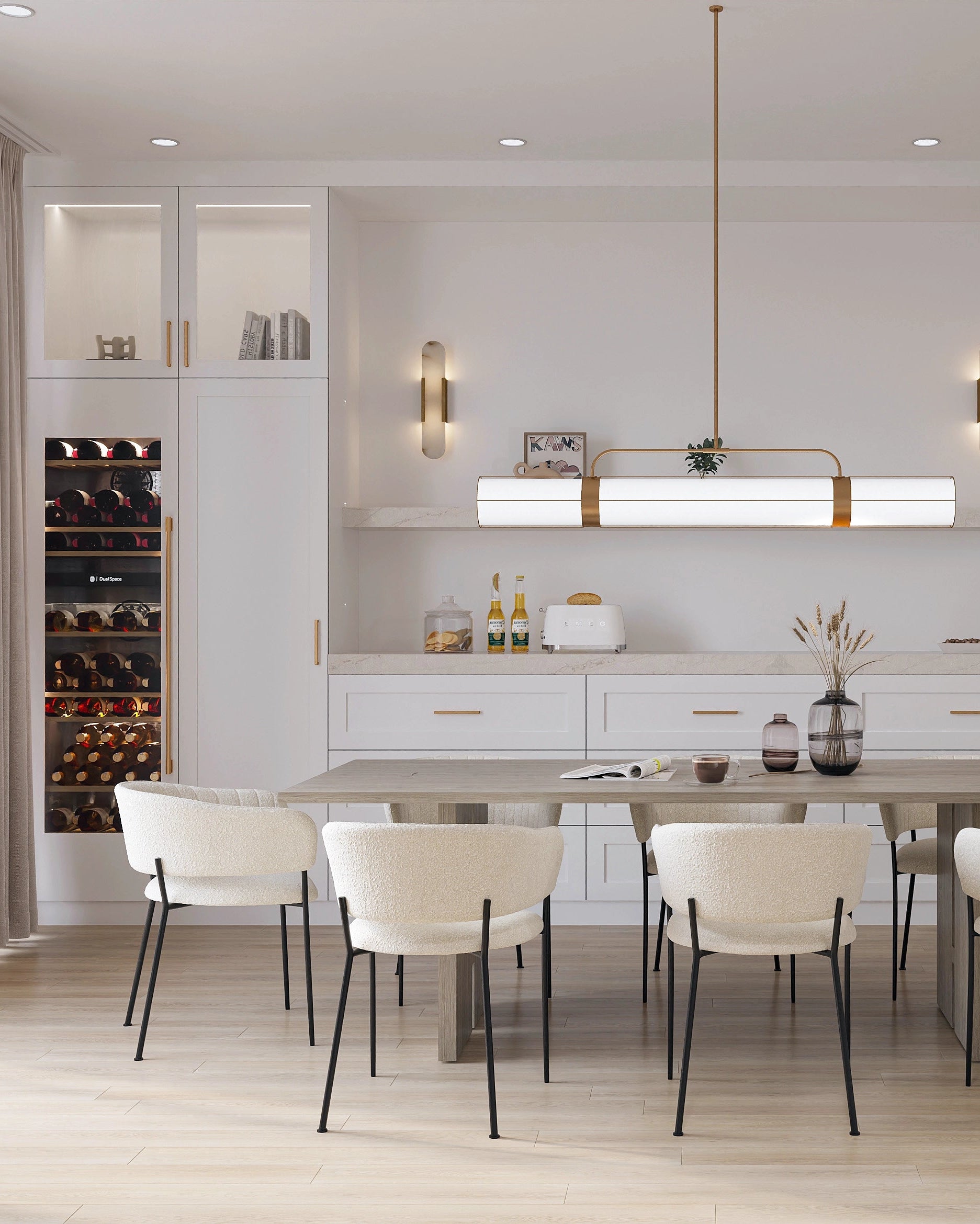 Sedia con braccioli in tessuto boucle imbottito bianco ambientato in spazio living con arredi coordinati - Exagonshop