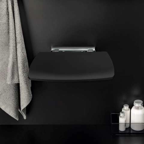 Sedile per box doccia a muro Nero Architect Cosmic installato in bagno moderno con ante in vetro temperato - Industrias...