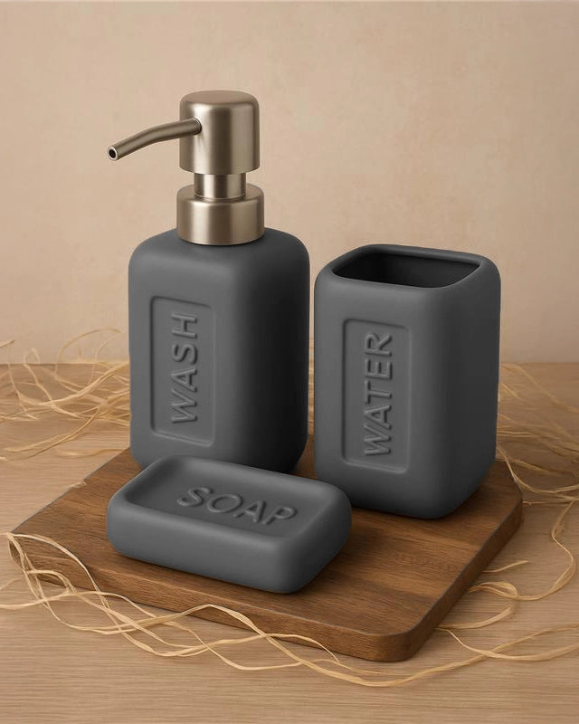 Set accessori bagno in Ceramica grigio Bingo 3 pz montato a parete, vista del design e della finitura - Exagonshop