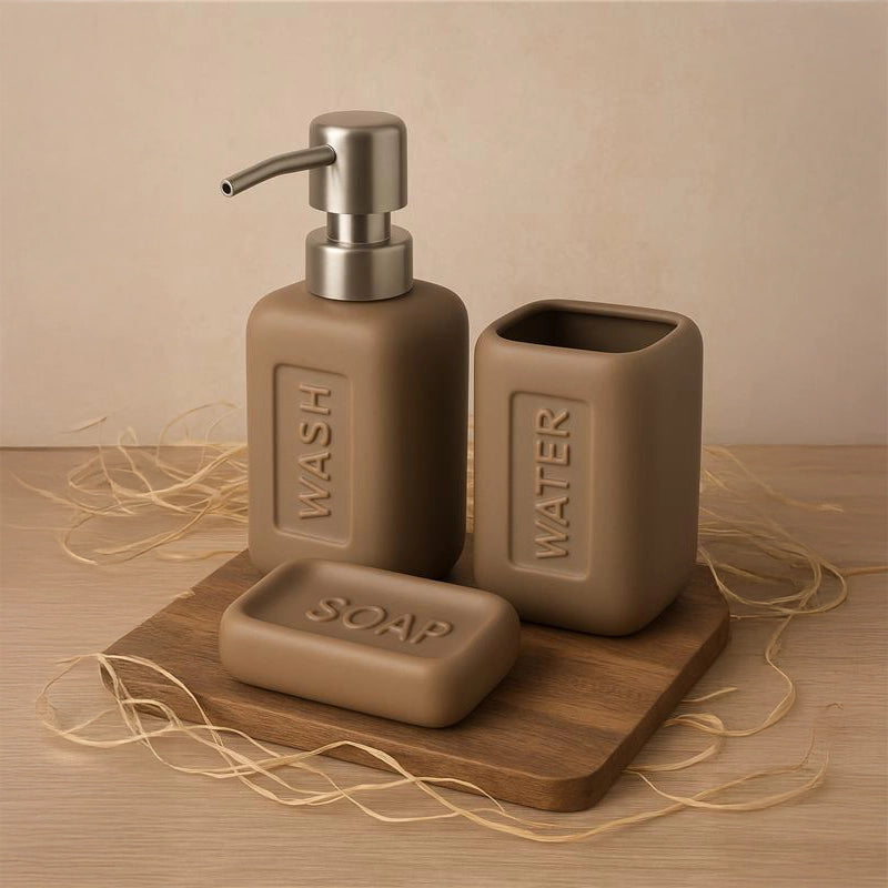 Set accessori bagno in Ceramica tortora Bingo 3 pz montato a parete, vista del design e della finitura - Exagonshop