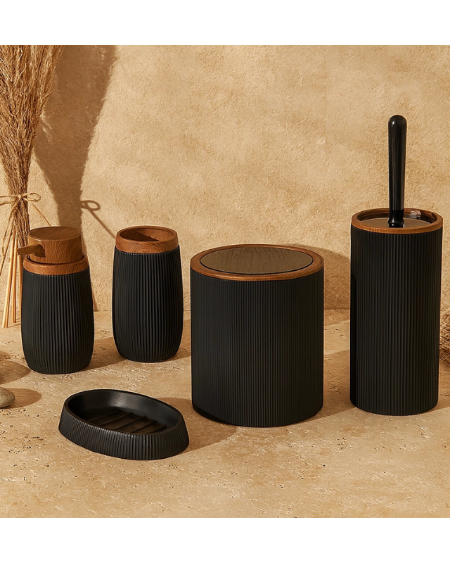 Set accessori bagno nero 5pz London in naturale montato a parete, vista del design e della finitura - Exagonshop
