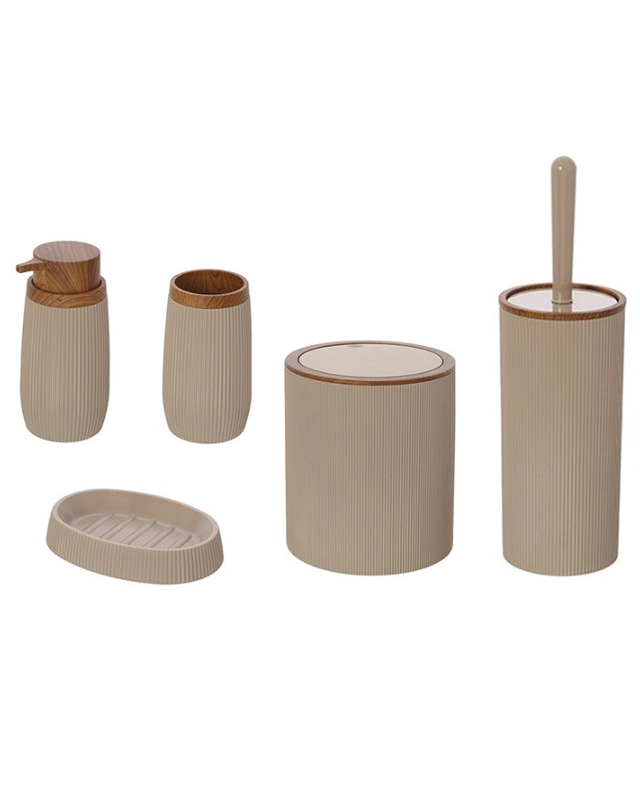 Set accessori bagno tortora 5pz London, dettaglio ravvicinato del materiale e dell'aggancio - Exagonshop