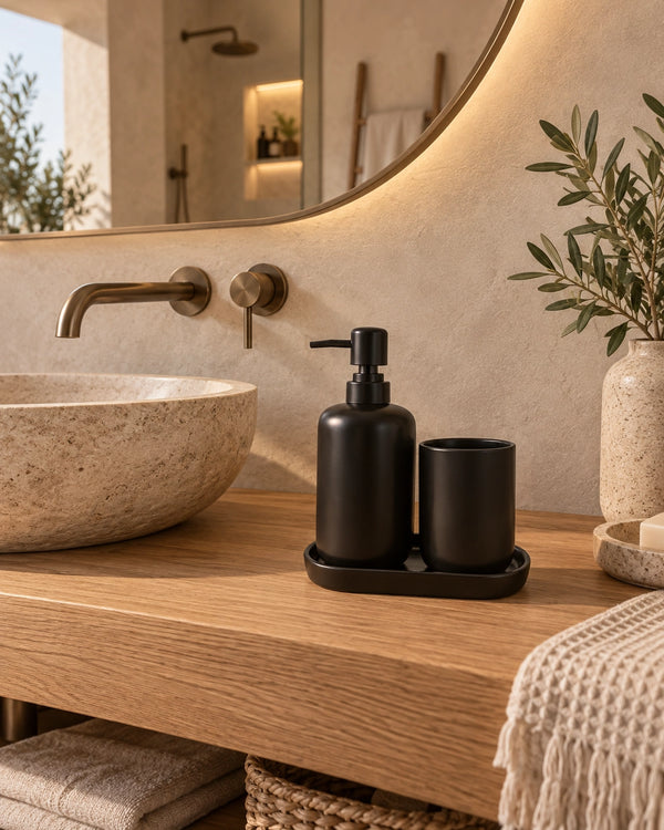 Set dispenser e portaspazzolini in ceramica nero opaco Koro 2pz