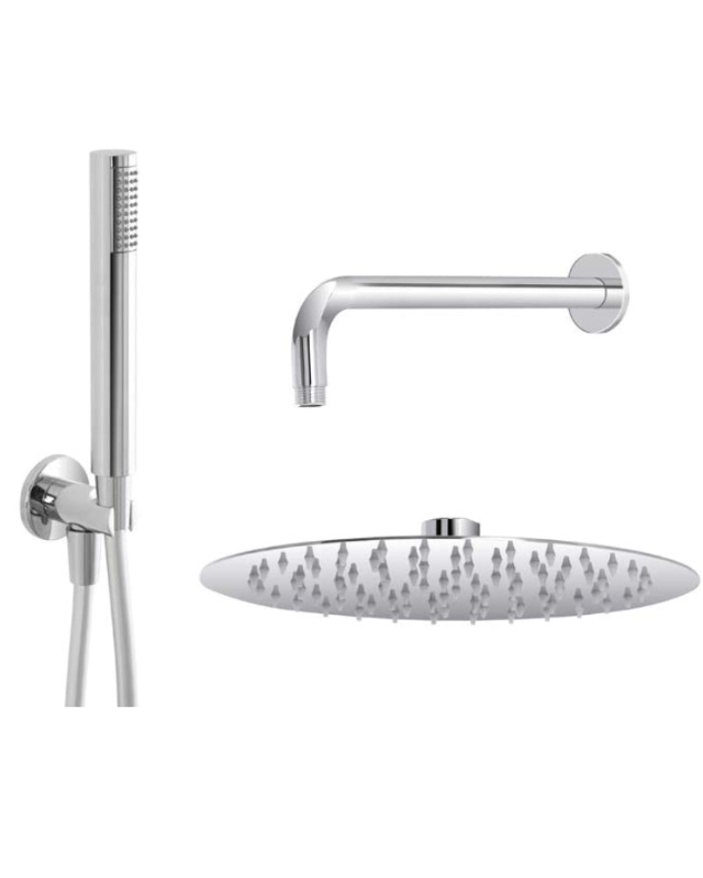 Set doccia soffione e doccetta in acciaio cromo Platinum, dettaglio ravvicinato della finitura e del marchio - Exagonshop