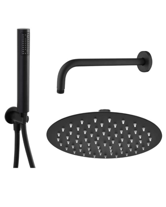 Set doccia soffione e doccetta in acciaio nero opaco, dettaglio ravvicinato della finitura e del marchio - Exagonshop