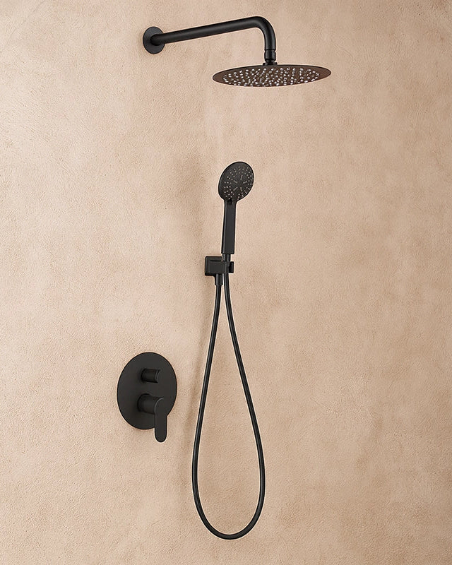 Set doccia soffione miscelatore e doccetta nero opaco in acciaio inox, vista frontale della maniglia e della bocca di...