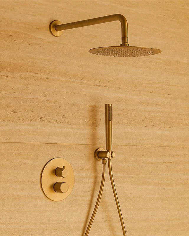 Set doccia termostatico 2 vie da incasso soffione 25 cm oro in spazzolato, vista frontale della maniglia e della bocca di...