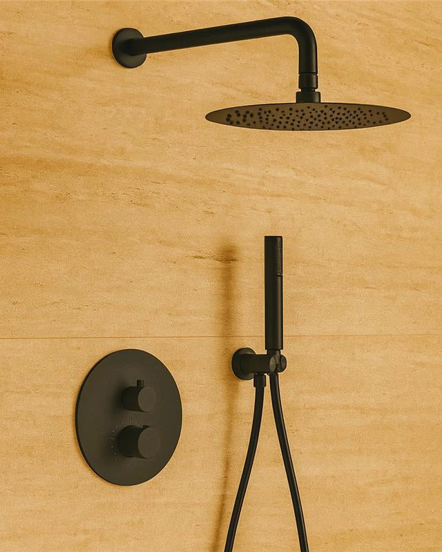 Set doccia termostatico con soffione 25 cm nero opaco Melin, vista frontale della maniglia e della bocca di erogazione...