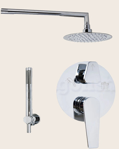 Set miscelatore doccia con soffione 20 cm slim doccetta Cromo Lucido in cromato, vista frontale della maniglia e della...