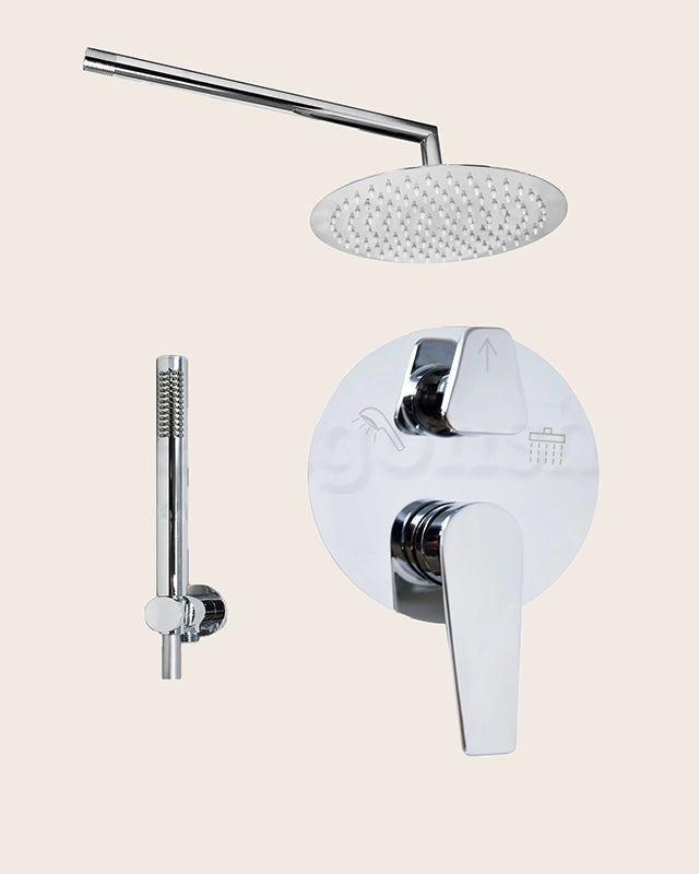 Set miscelatore doccia con soffione 25 cm slim doccetta Cromo Lucido in cromato, vista frontale della maniglia e della...