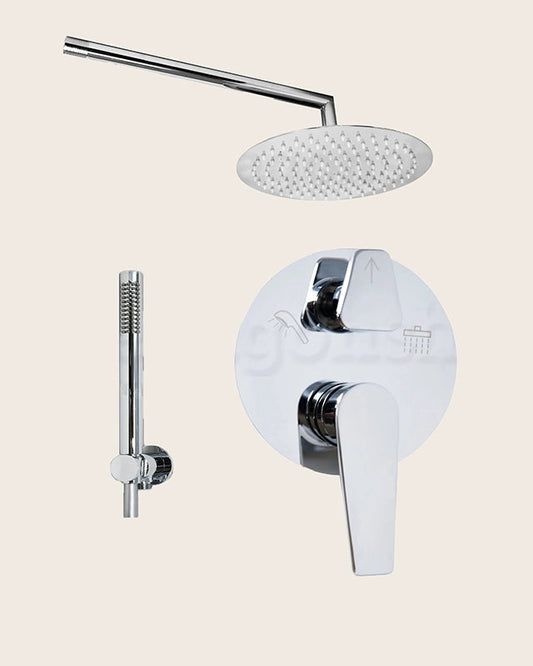 Set miscelatore doccia con soffione 25 cm slim doccetta Cromo Lucido in cromato, vista frontale della maniglia e della...