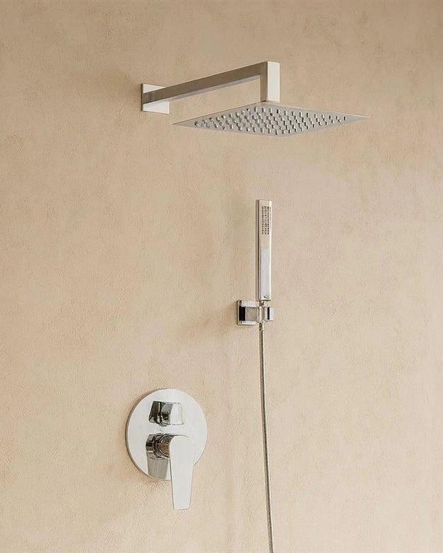 Set miscelatore doccia soffione 20x20 quadro e doccetta Cromo Lucido, vista frontale della maniglia e della bocca di...