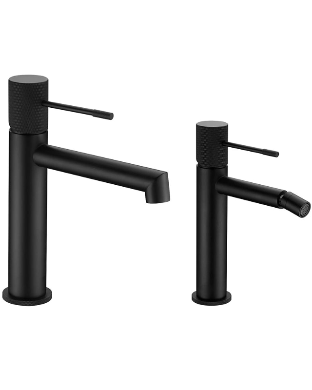 Set miscelatori lavabo bidet e vasca Melin nero opaco ambientato in box doccia con pareti in vetro - Exagonshop