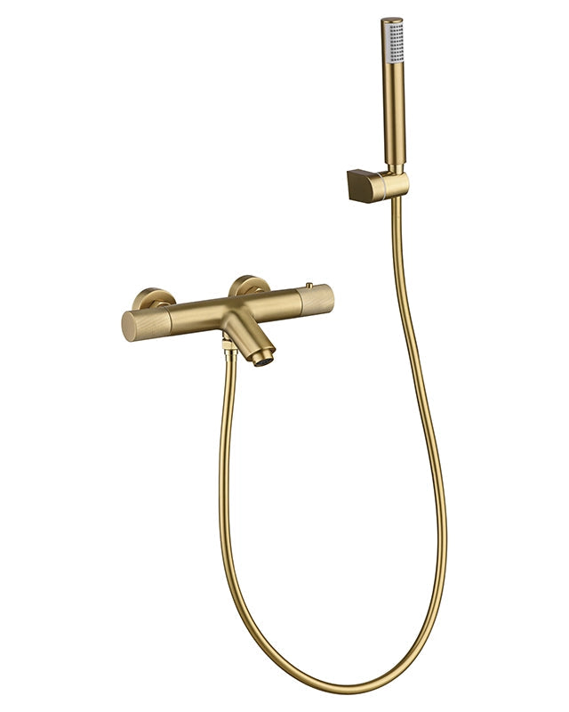 Set miscelatori lavabo bidet e vasca Melin oro spazzolato, dettaglio ravvicinato della texture antiscivolo - Exagonshop