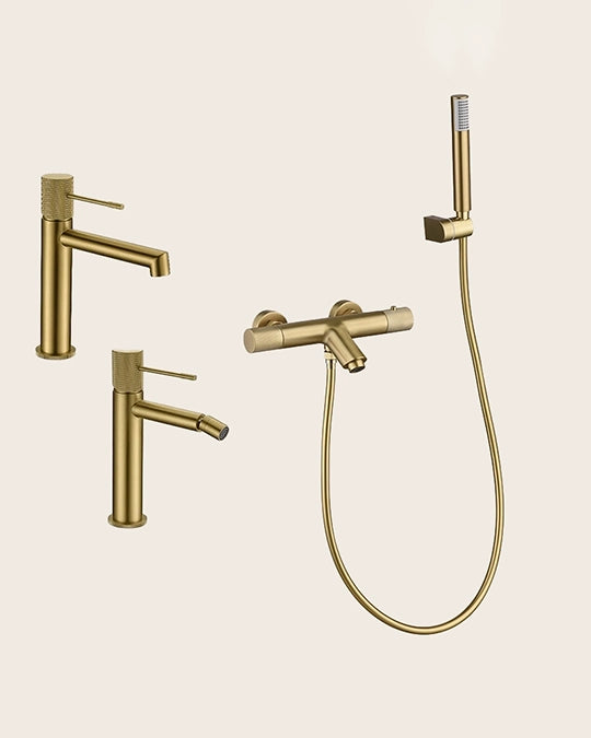 Set miscelatori lavabo bidet e vasca Melin oro spazzolato