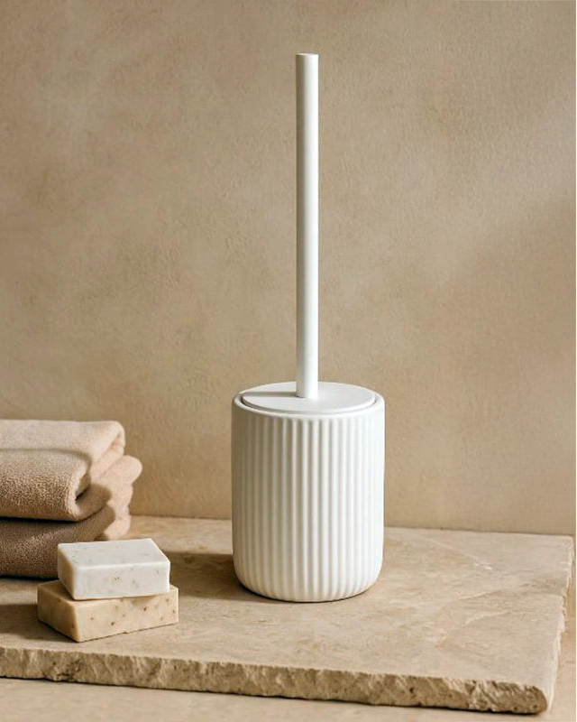 Portascopino wc a pavimento in ceramica bianco color montato a parete, vista del design e della finitura - Exagonshop