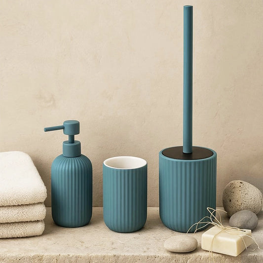 Set portaspazzolini dispenser portasapone e portascopino in ceramica blu pastello Color