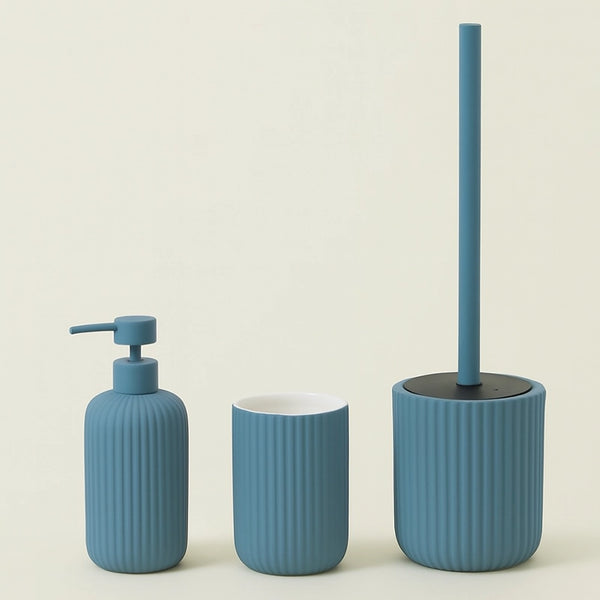 Set portaspazzolini dispenser portasapone e portascopino in ceramica blu pastello Color