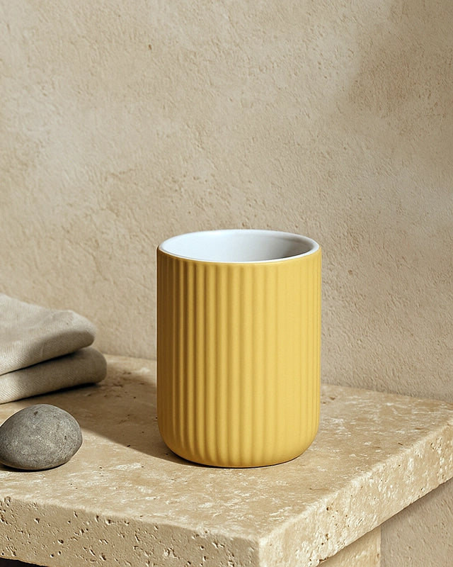 Set accessori bagno in ceramica giallo Color 3pz, retro con sistema di fissaggio a parete - Exagonshop